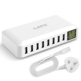 8 Port USB Charger 8A 40W Desktop Charging Station Hub with Quick Charge 3.0 USB Port & LCD Display Compatible to Different Devices  - UK Plug