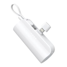 5000mAh Portable Phone Charger Built-in Type-C IOS Cable Dual Output Power Bank Compact Size Compatible with IOS Phone Samsung - White