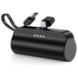 5000mAh Portable Phone Charger Built-in Type-C IOS Cable Dual Output Power Bank Compact Size Compatible with IOS Phone Samsung - Black