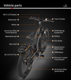 Aostirmotor 750W Electric Bike 26*4in Fat Tire 48V/13Ah Li-Battery E-Mountain Bike Black - Default