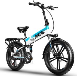 Auloor 20H1F 750W Foldable Electric Bike for Adults with 20'x4'Fat Tire; E Bikes MTB with LG 48V 12.8Ah Battery Shimano 7-Speed Ebike - Blue&White