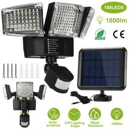Solar Lights Outdoor 188 LEDs 1600lm Solar Security Lights Motion Sensor Lights 270Â°Lighting Angle Waterproof - Black